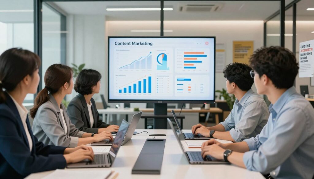 A visually engaging scene depicting content marketing in action. In the foreground, a diverse group of professionals, including a woman in a smart blazer and a man in a casual button-up shirt, are gathered around a sleek conference table covered with laptops and digital devices. Their expressions reflect focus and collaboration. In the middle ground, a large screen displays graphical content analytics, showcasing growth metrics and content ideas. Bright, soft lighting illuminates the room, creating a welcoming yet dynamic atmosphere. The background features a modern office space with glass walls and motivational posters related to marketing, emphasizing creativity and collaboration. The overall mood is energetic and inspiring, capturing the essence of how content marketing helps attract clients.