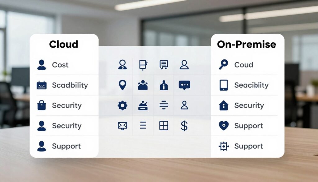 A visually striking comparison matrix illustrating the differences between cloud-based call center platforms and on-premise solutions. The foreground features two columns labeled 'Cloud' and 'On-Premise', each with concise visual representations highlighting key factors like cost, scalability, security, and support. In the middle, a subtle grid design organizes these factors, filled with icons and symbols appropriate for a tech-focused audience. The background showcases a modern office environment, with muted colors and soft lighting to maintain focus on the matrix. Use a perspective that makes the matrix appear three-dimensional, emphasizing its importance. The overall mood should be professional and informative, evoking clarity and insight into the comparison.