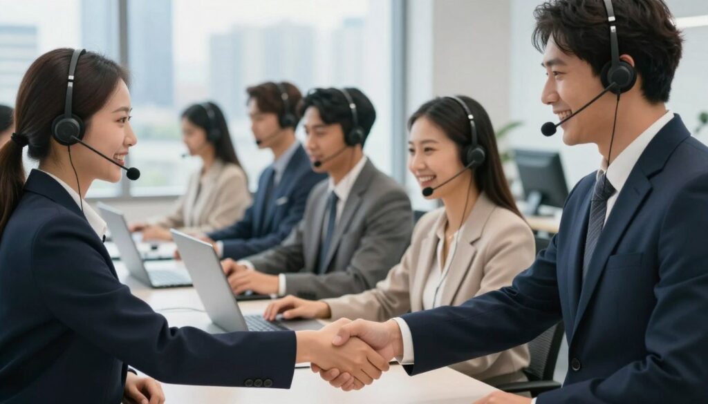 A visually striking illustration representing the symbiotic relationship between recruiting and retention in a call center environment. In the foreground, two professional individuals engage in a handshake, symbolizing the connection between new hires and team cohesion. The middle ground features a diverse group of call center agents collaborating in a bright, modern office space, with headsets on and engaging with customers, demonstrating teamwork. The background displays a large window revealing a cityscape, conveying a sense of growth and opportunity. The atmosphere is lively yet focused, with warm lighting highlighting the agents’ expressions of enthusiasm and determination. Shot with a slight depth of field to emphasize the foreground, creating a professional and uplifting mood.