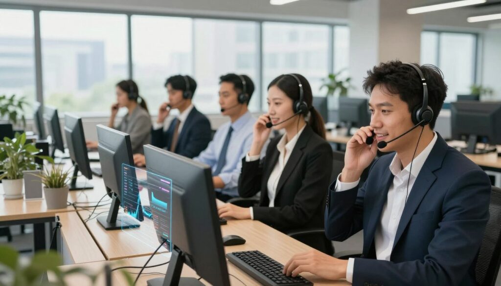 A vivid illustration comparing inbound and outbound call centers, set in a modern office environment. In the foreground, on the left, a diverse group of professionals in business attire engaged in inbound calls, focused and attentive, their headsets on. Graphical charts and call metrics are subtly overlaid on their desks. In the middle, an equally diverse group of employees in business attire making outbound calls, showcasing confidence and energy, with a dynamic atmosphere. The background should depict a bright, open-plan office with large windows letting in natural light, creating an inviting and professional mood. Use a wide-angle perspective to capture both teams in action, emphasizing their distinct roles while maintaining a harmonious workspace. The overall tone should be informative and optimistic, highlighting teamwork and productivity.