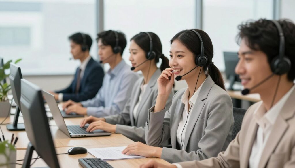 A warm and inviting customer service call center environment. In the foreground, a diverse group of customer service agents wearing professional business attire are engaged in friendly conversations on headsets, displaying expressions of empathy and patience. The middle layer showcases a well-organized office with modern desks and soft lighting, creating an atmosphere of support and teamwork. In the background, large windows allow soft daylight to illuminate the space, symbolizing transparency and openness. The overall mood is positive and uplifting, focusing on collaboration between agents and customers, highlighting the importance of understanding and resolving difficult calls for overall customer satisfaction and agent well-being.