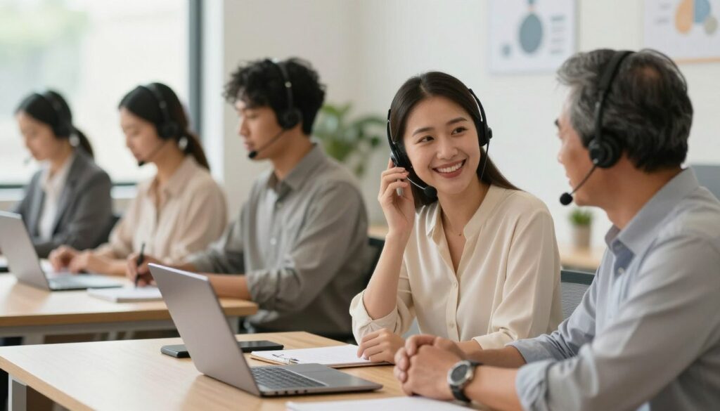 A warm and inviting customer support office scene, featuring a diverse group of professional support agents engaged in empathetic conversations with clients. In the foreground, a smiling female agent wearing a smart blouse leans forward attentively, listening to a middle-aged male customer wearing business casual attire. In the middle, a modern desk with a laptop and notepad, symbolizing open communication. In the background, large windows with soft natural light filtering in, creating a cozy atmosphere. Subtle decorations like plants and inspirational quotes on the walls enhance the environment. The mood is friendly and supportive, capturing the essence of empathy in customer support, showcasing the importance of connection and understanding in a professional setting. The image has a soft focus effect to emphasize human interaction.