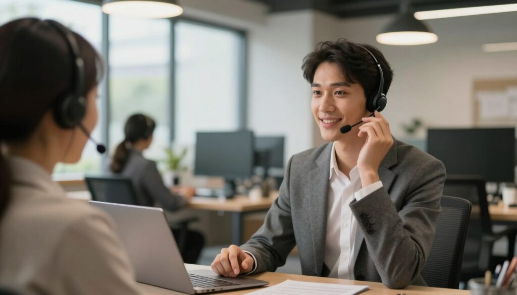 A warm and inviting customer support scene set in a modern office environment. In the foreground, a diverse employee in professional business attire, displaying a compassionate expression, is engaging with a headset, listening empathetically to a customer on the other end. The middle ground features a well-organized, modern workspace with soft lighting emanating from overhead lamps, creating a peaceful atmosphere. In the background, a large window reveals a sunny day outside, allowing natural light to filter in, further enhancing the mood of understanding and support. The composition captures the essence of empathy in action, focusing on the connection between the employee and the unseen customer, highlighting the importance of compassion in customer interactions.