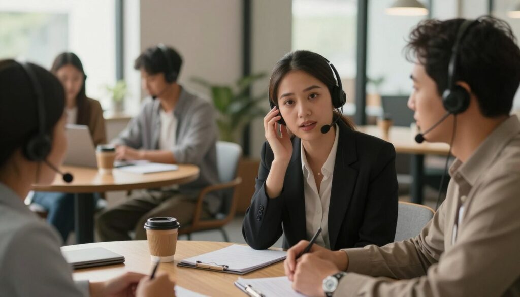 A warm and inviting customer support scene, showcasing a diverse group of professional individuals engaged in a deep conversation. In the foreground, a woman with an empathetic expression, wearing smart business attire, is leaning slightly forward, actively listening to a male colleague beside her, who is nodding in understanding. In the middle ground, a cozy office space is visible, with a round table cluttered with notepads and coffee cups, creating a collaborative atmosphere. The background features soft, diffused lighting from large windows, casting gentle shadows that enhance the feeling of warmth and approachability. The overall mood is supportive and open, emphasizing the importance of empathy in customer interactions, with natural colors and a focus on human connection.