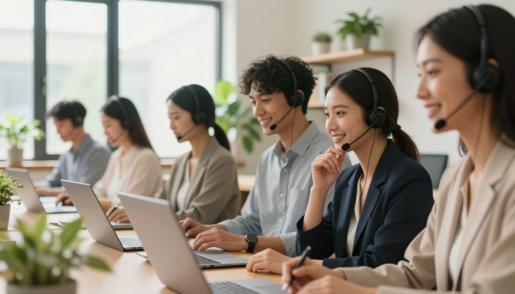 A warm, inviting customer support scene showcasing empathy in action. In the foreground, a diverse group of customer service representatives, dressed in professional business attire, are engaged in active listening with customers. One representative leans slightly forward, showing genuine interest, while another nods thoughtfully, reflecting understanding. In the middle ground, a soft-focus view of a cozy office space with large windows allowing natural light to flood in, surrounded by potted plants. In the background, shelves with supportive resources suggest a compassionate environment. The overall mood is uplifting and positive, with bright, warm lighting creating a sense of connection and care. Shot from a slight angle to capture the interaction while emphasizing the welcoming atmosphere.