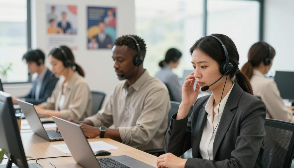 A well-lit, professional office environment serves as the backdrop, with a soft focus on a diverse group of human support agents engaged in problem-solving. In the foreground, a mid-30s Asian woman in business attire is attentively listening to a customer on her headset, her expression radiating empathy and understanding. Beside her, a middle-aged Black man in modest casual clothing is typing on a laptop, showcasing collaboration. In the background, a bright, airy room features motivational posters and a large window letting in natural light. The atmosphere conveys a sense of warmth and professionalism, highlighting the irreplaceable human touch in customer support. Shot with a wide-angle lens to capture the entire scene, emphasizing connection and teamwork among agents. A well-lit, professional office environment serves as the backdrop, with a soft focus on a diverse group of human support agents engaged in problem-solving. In the foreground, a mid-30s Asian woman in business attire is attentively listening to a customer on her headset, her expression radiating empathy and understanding. Beside her, a middle-aged Black man in modest casual clothing is typing on a laptop, showcasing collaboration. In the background, a bright, airy room features motivational posters and a large window letting in natural light. The atmosphere conveys a sense of warmth and professionalism, highlighting the irreplaceable human touch in customer support. Shot with a wide-angle lens to capture the entire scene, emphasizing connection and teamwork among agents.