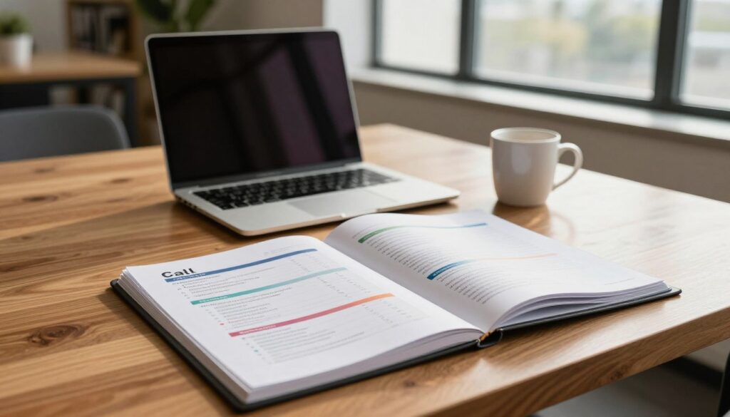 A well-organized library with neatly arranged call script templates on a polished wooden table. In the foreground, an open binder displaying colorful, easy-to-read templates with clear headings. In the middle, a modern laptop is partially in view, suggesting productivity, with a coffee mug beside it. The background features a stylish office setting with a large window allowing natural light to pour in, casting soft shadows. A hint of greenery from a potted plant adds freshness. The atmosphere is one of professionalism and efficiency, evoking a sense of trust and success in sales practices. The overall lighting is warm and inviting, capturing a busy yet organized workspace. The focus is on the call scripts and professional tools of communication without any text or distractions.