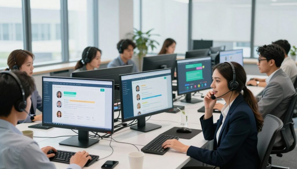 An array of diverse professionals engaged in an omnichannel communication setting, surrounded by multiple screens showcasing various communication platforms such as chat, email, and social media. In the foreground, a well-dressed woman with a headset speaks into a microphone, exuding confidence. The middle ground features colleagues discussing strategies at a modern conference table filled with digital devices. The background displays a sleek office environment with large windows that allow natural light to flood the room, creating a vibrant and inclusive atmosphere. The overall mood is dynamic and collaborative, emphasizing modern technology and customer service excellence, shot with a wide-angle lens to capture the full depth of the scene.