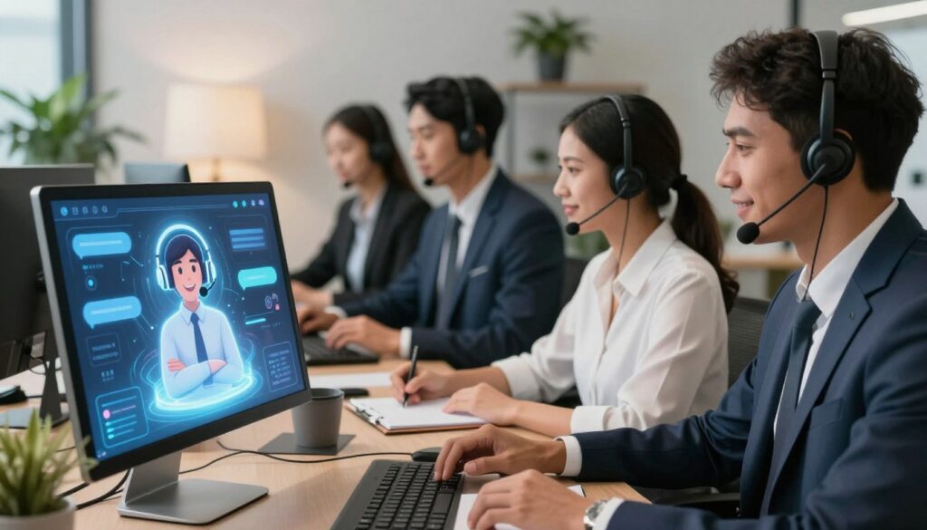 An engaging scene depicting the concept of AI in customer support. In the foreground, a sleek, futuristic chatbot interface is shown on a computer screen, displaying a friendly virtual assistant with a glowing aura. In the middle, a diverse group of professional business agents are interacting with the chatbot, some taking notes, while others engage with customers via headsets. The background features an office environment with soft, ambient lighting creating a positive atmosphere, highlighted by potted plants and modern decor. The camera angle is slightly tilted, giving a dynamic feel to the space. The mood is busy yet collaborative, emphasizing innovation and teamwork in customer service. An engaging scene depicting the concept of AI in customer support. In the foreground, a sleek, futuristic chatbot interface is shown on a computer screen, displaying a friendly virtual assistant with a glowing aura. In the middle, a diverse group of professional business agents are interacting with the chatbot, some taking notes, while others engage with customers via headsets. The background features an office environment with soft, ambient lighting creating a positive atmosphere, highlighted by potted plants and modern decor. The camera angle is slightly tilted, giving a dynamic feel to the space. The mood is busy yet collaborative, emphasizing innovation and teamwork in customer service.