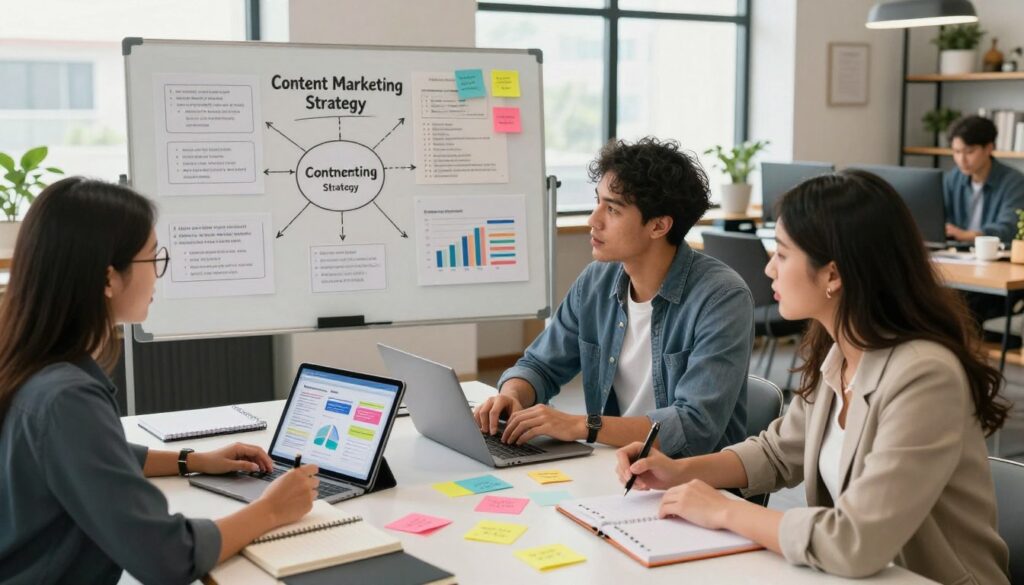 An organized workspace showcasing a content marketing strategy in action. In the foreground, a diverse group of three professionals (one woman with glasses, a man with a laptop, and a woman in a casual blazer) are discussing ideas over a table with notebooks, a digital tablet displaying a strategy plan, and colorful sticky notes. In the middle, a large whiteboard filled with mind maps, content ideas, and charts detailing audience engagement metrics. In the background, a cozy, modern office with soft natural lighting coming through large windows, creating an inviting atmosphere. The overall mood is collaborative and focused, emphasizing creativity and strategic planning in content marketing. The image should be captured from a slight high angle to provide a comprehensive view of the workspace.