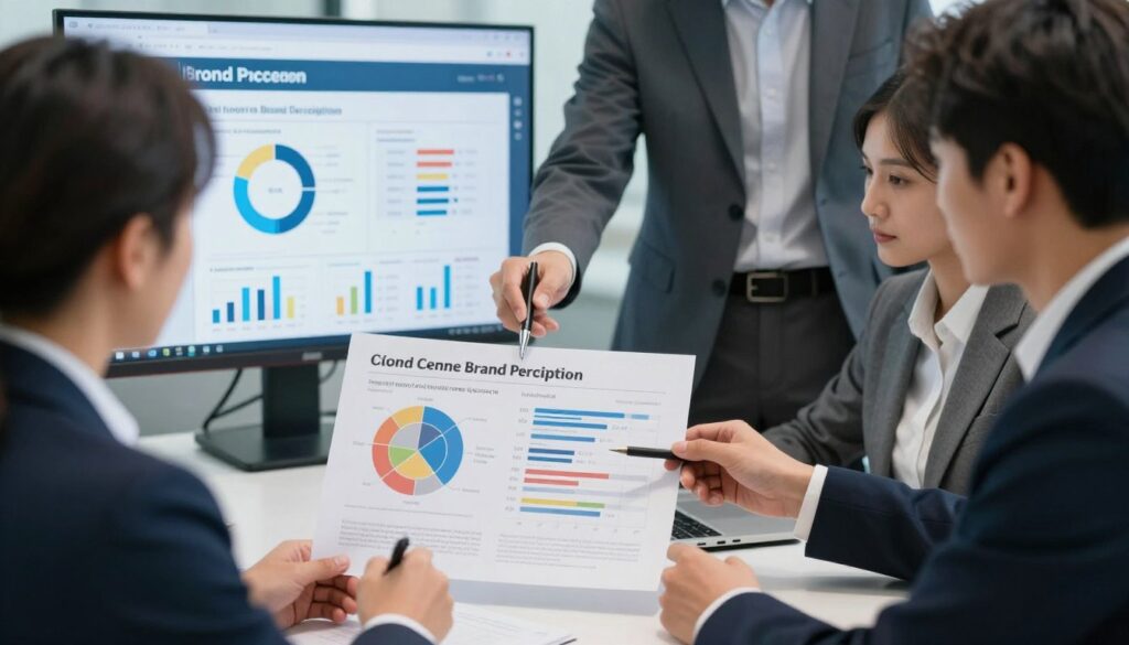 Business professionals discussing brand perception related to call center services