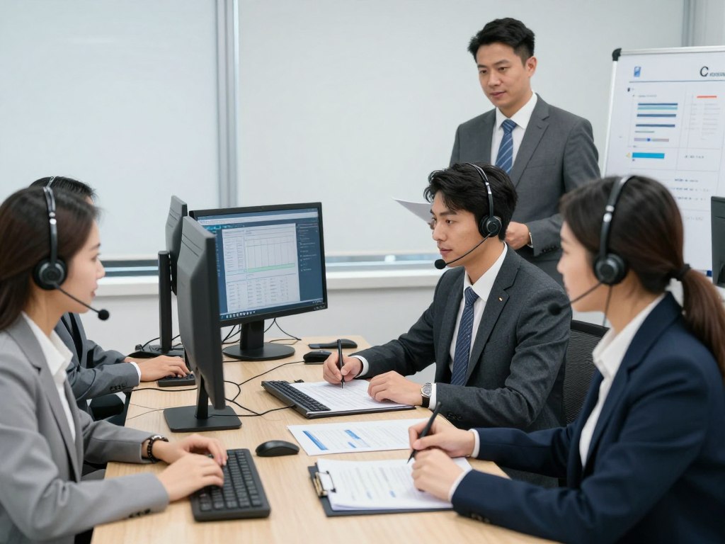 Business team implementing successful call center strategy with training and technology