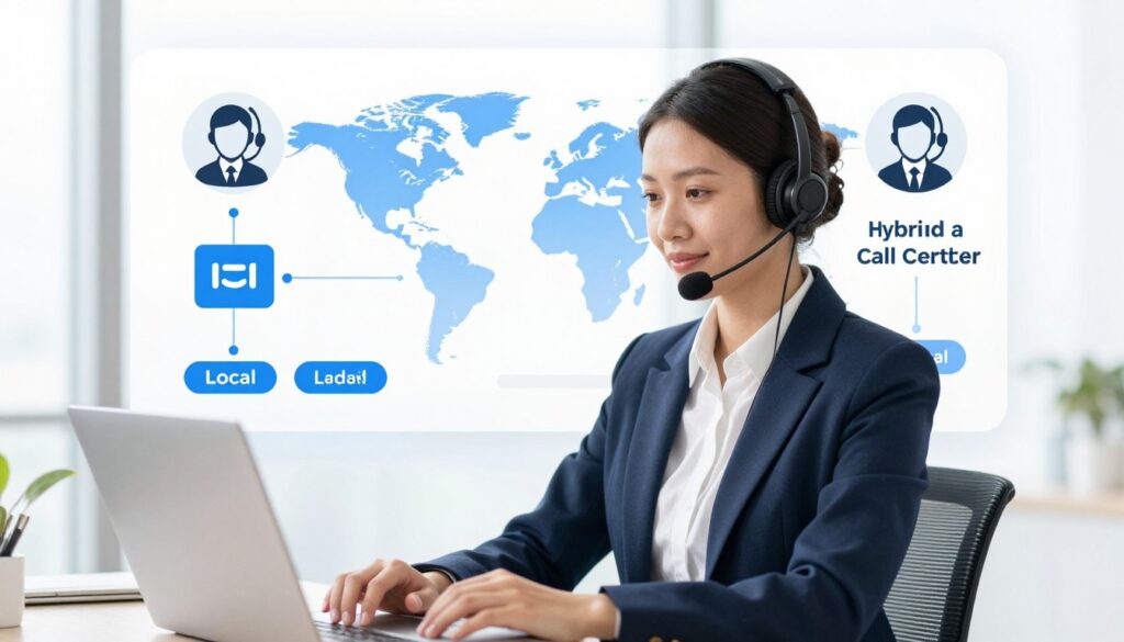 Hybrid call center model combining local and global service elements